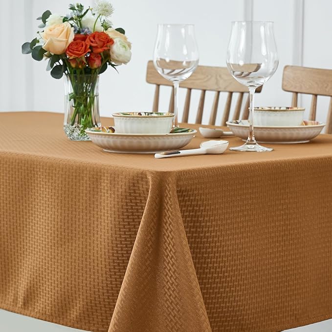 maxmill Tablecloth Weaved Texture Design Stain Resistant Waterproof and Wrinkle Resistant Table Cloth for Dining Room Decoration Fall Harvest Thanksgiving Parties, Rectangle 60 x 120 Inch, Amber