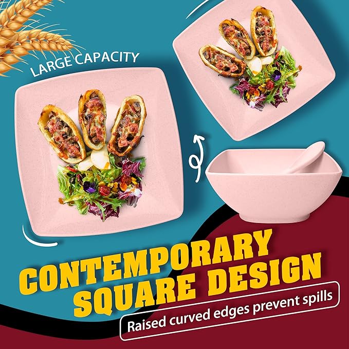 Teivio 16-piece Plastic Wheat Straw Square Dinnerware Set - Image 5