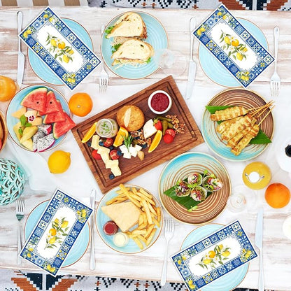 Amalfi Coast Party Decorations - 100 Pcs 7.9 x 4.3 in Lemon Napkin Blue Tiles Mediterranean Disposable Paper Hand Towels, Summer Fruit Lemonade Lemons Theme Birthday Bridal Shower Supplies