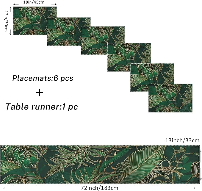 Table Runner and Placemats Set of 6, Tropical Palm | Leaves Geometric Green - Image 3