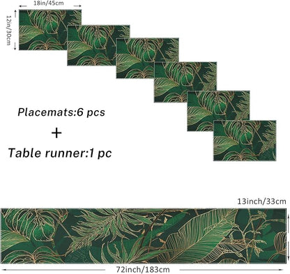 Table Runner and Placemats Set of 6, Tropical Palm | Leaves Geometric Green - Image 3