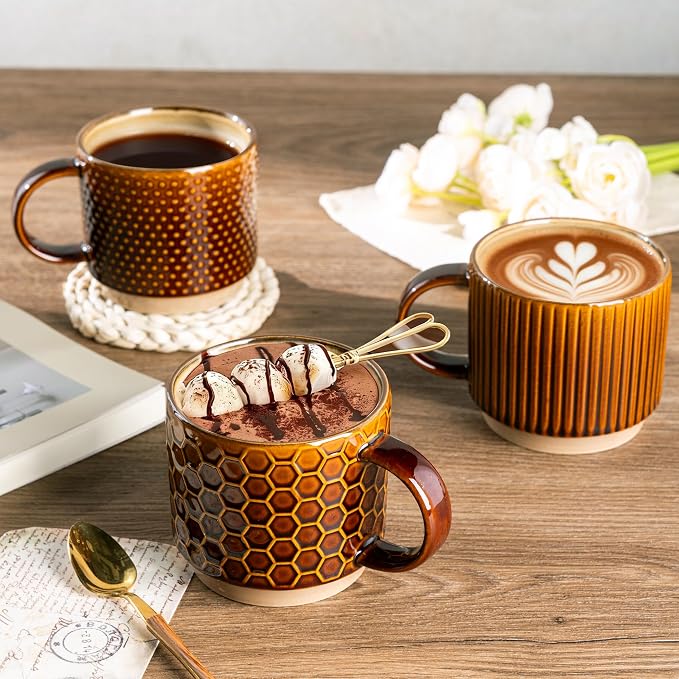 GBhome 12 OZ Stackable Coffee Mugs Set of 4, Ceramic Coffee Cups Set | 4 - Image 6