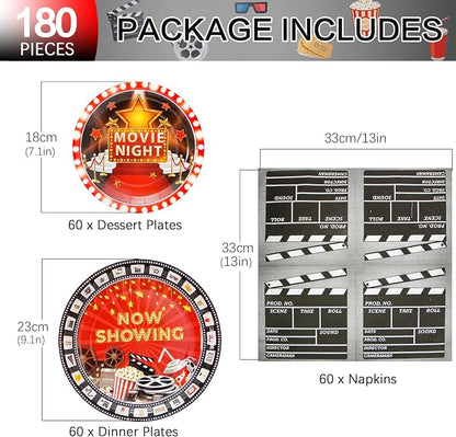180Pcs Movie Night Party Supplies Paper Plates and Napkins Serve 60 | - Image 2