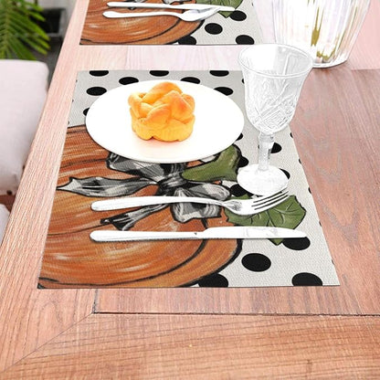 Fall Placemats Set of 4, 12x18 Inches Polka Dot Orange Pumpkin Decorative Linen Rectangle Autumn Thanksgiving Decor Pumpkin Table Mats for Party Home Kitchen Dining Table Decoration
