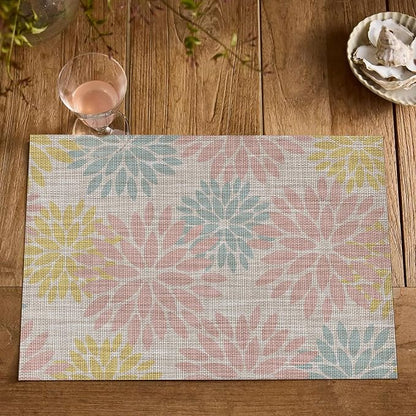 Artoid Mode Floral Vinyl Placemats Set of 4, 12x18 Inch Heat Resistant Washable Non-Slip Plistic PVC Place Mats for Party Kitchen Dining Decor, Pink Blue