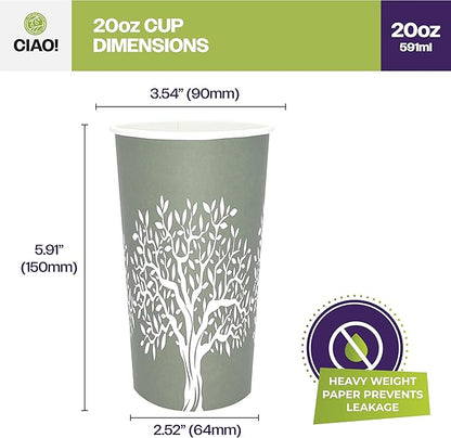 CIAO! 20oz Paper Hot Cup, Rooted Olive Print, (Case of 600)