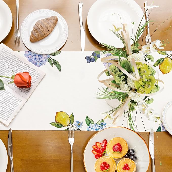 Summer Lemon Table Runner Blue Hydrangeas Burlap Table Runners - Image 9