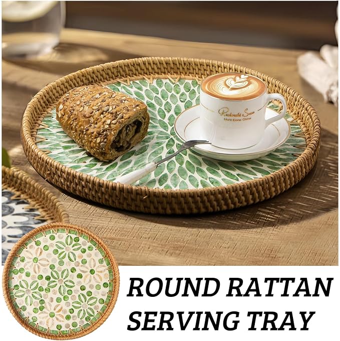 Round Rattan Tray with Mother of Pearl Inlay, Decorative Wicker Serving Tray - Image 5