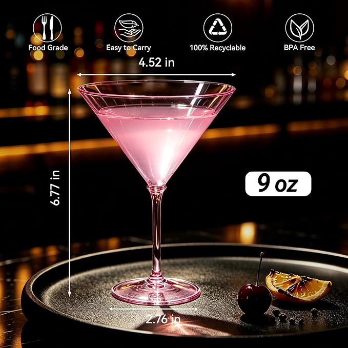 Plastic Martini Glasses Set of 24, 9 oz Pink Cocktail Cups | Unbreakable - Image 2