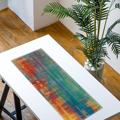 Vintage Blue Orange Dining Table Runner, Retro Abstract Messy Rust | Painting - Image 4