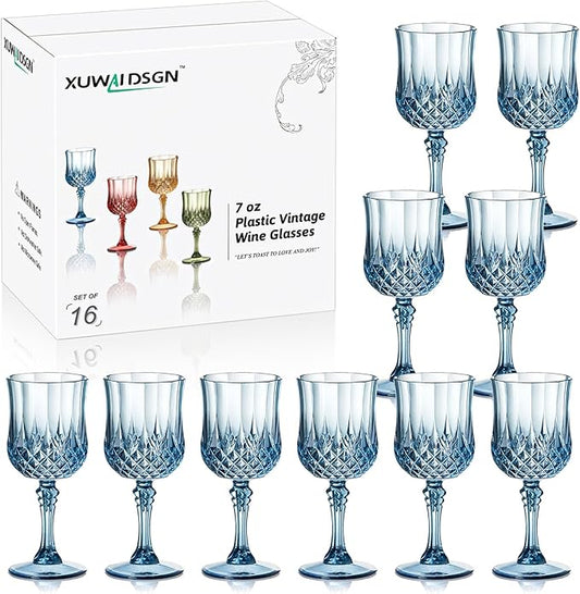 XUWAIDSGN 7oz Plastic Vintage Wine Glasses Drinking Glasses Unbreakable Wedding Glassware Crystal Water Goblets Reusable Drinkware Vintage Champagne Flutes(16, Blue)