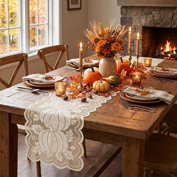 Artoid Mode Beige Lace Jacquard Pumpkin Leaf Fall Table Runner, Seasonal - Image 5