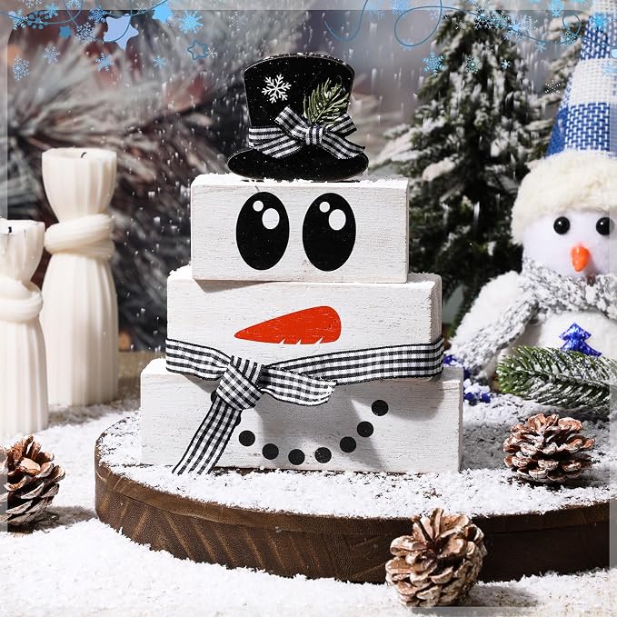 Moucuny 4 Pcs Winter Table Decoration Wooden Snowman Decor Black and White - Image 2