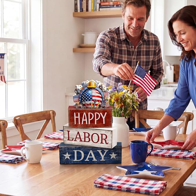 Moucuny 4 Pcs Labor Day Table Decoration Patriotic Worker Wooden Stacked Block - Image 3