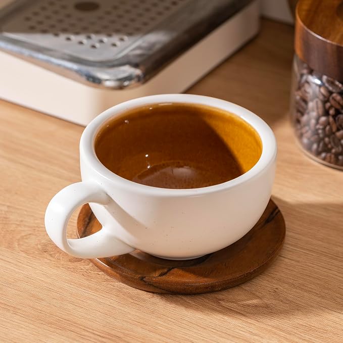 Ceramic Latte Coffee Cup with Wood Saucer Set of 1, Barista Cappuccino Latte - Image 3