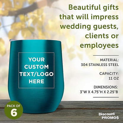 Custom Stemless Wine Glass Tumblers with Lids by Largo 11 oz. Set of 6, Personalized Bulk Pack - Perfect for Wine, Cocktails, Other Hot & Cold Beverages - Teal