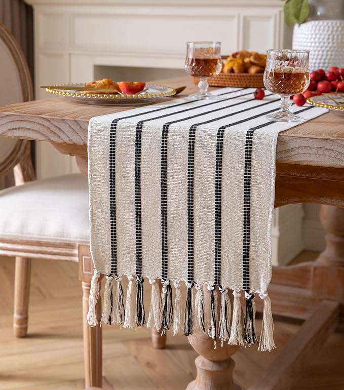 Caflife Boho Table Runner 90 Inchs Long Black and Beige, Cotton and Linen Woven - Image 2