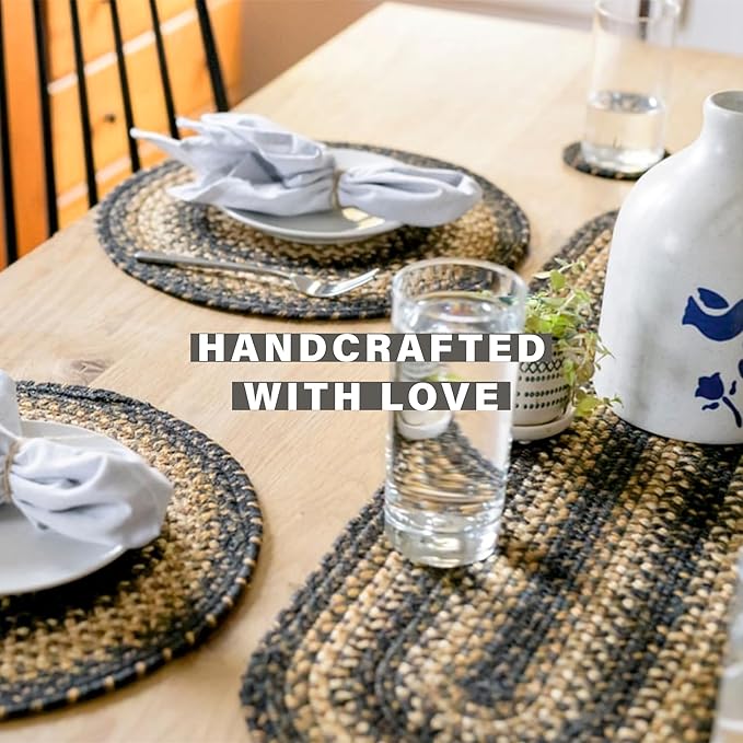 Homespice Kilimanjaro Jute Braided Long Table Runner, Warm Primitive Decor, Black and Brown Rectangle 11x36 - Rich Colors, Easy to Clean, Durable and Protects Furniture