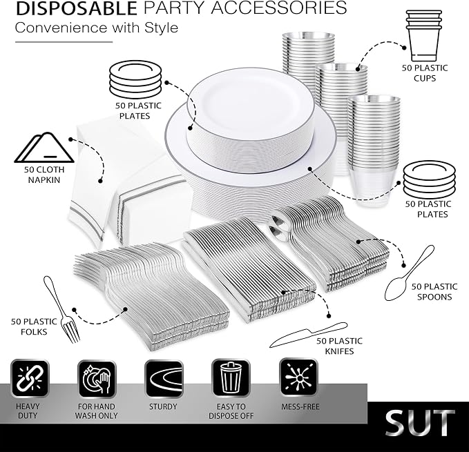 SUT 350 Piece Silver and White Plastic Dinnerware Set - Image 6