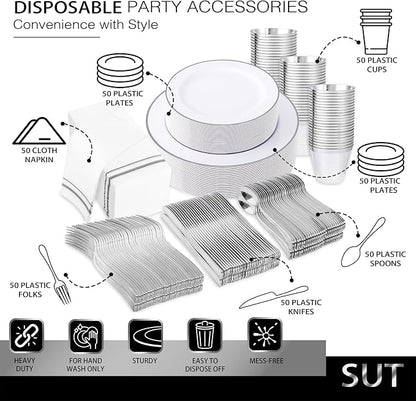 SUT 350 Piece Silver and White Plastic Dinnerware Set - Image 6