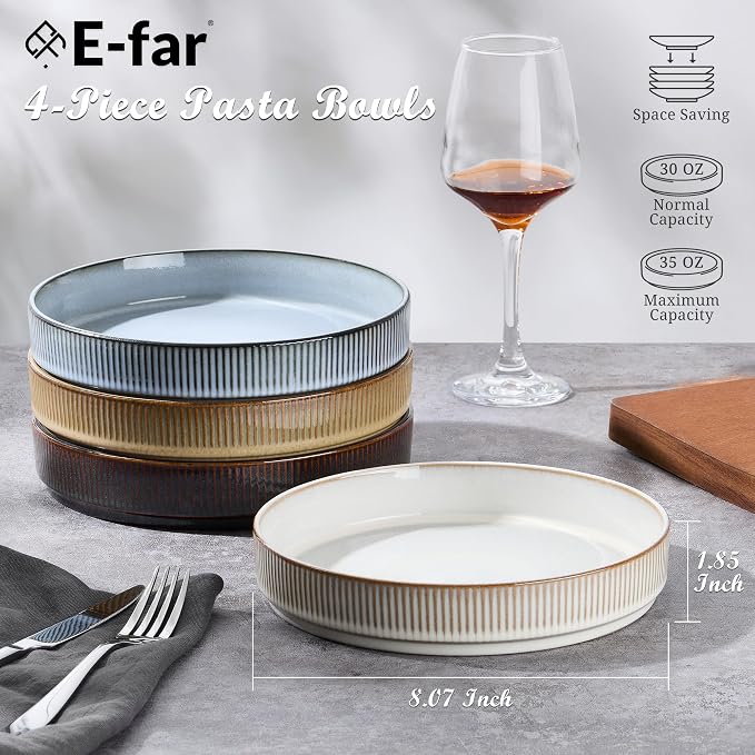 E-far Pasta Bowls Set of 4, 35oz Large Salad Bowl Plate - Image 2