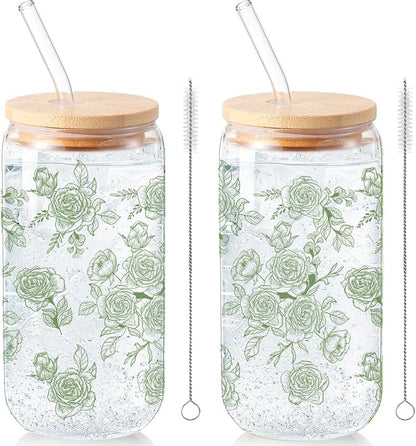 Sliner 2 Pcs Green Floral Glass Tumblers by Sliner