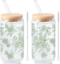 Sliner 2 Pcs Green Floral Glass Tumblers by Sliner