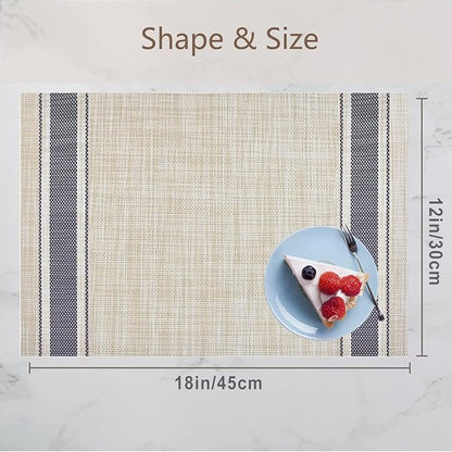 DACHUI Placemats Set of 8, Soft & Elegant Woven Vinyl Place Mats, Water Resistant, Heat Resistant, Washable, Durable Table Mats (Blue Stripes)