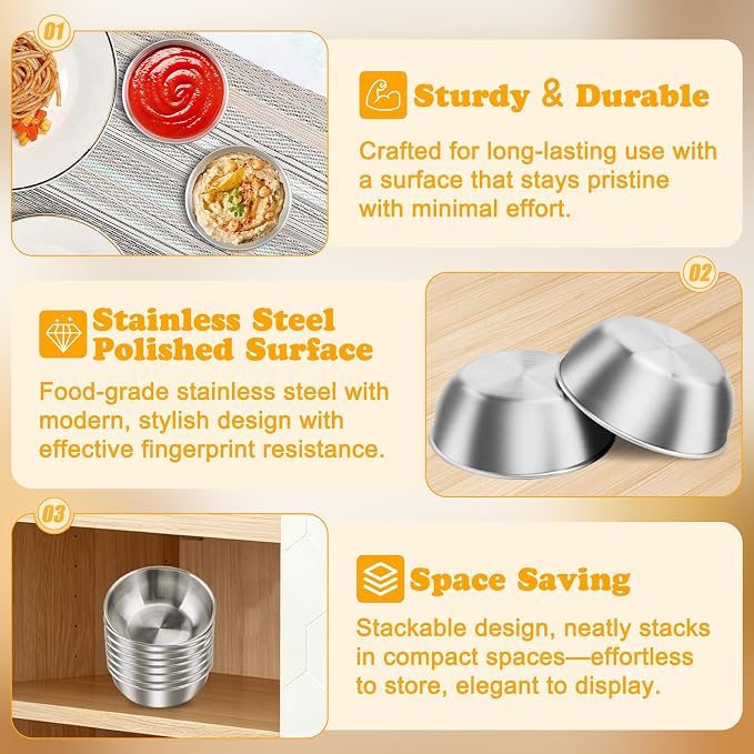 LIEMAND Stainless Steel Small Dipping Bowls, Round Small Bowls, - Image 6