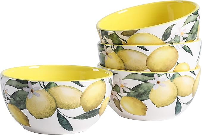 Bico Lemon Dreams Cereal Bowls Set of 4, 26 oz Deep Ceramic Soup Bowls by Bico