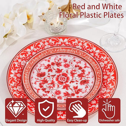 Hioasis 60pcs Red Plastic Plates Set - Floral Red & White Porcelain Design, 10.25" Dinner & 7.5" Dessert Plates Disposable for Christmas (Dishwasher Safe, Art Style)