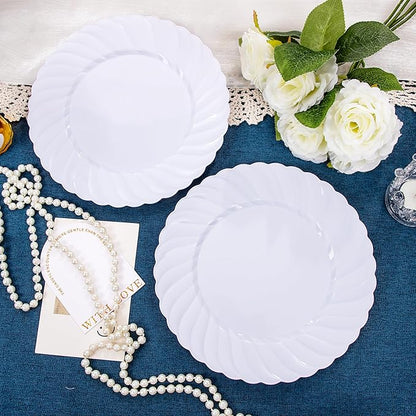 U-QE 60 Pieces White Plastic Plates - 9 Inch White Disposable Plates - Washable & Reusable - Premium Hard Plates - Party Supplies for Birthdays, Celebrations, Travel, Wedding, Party and Events