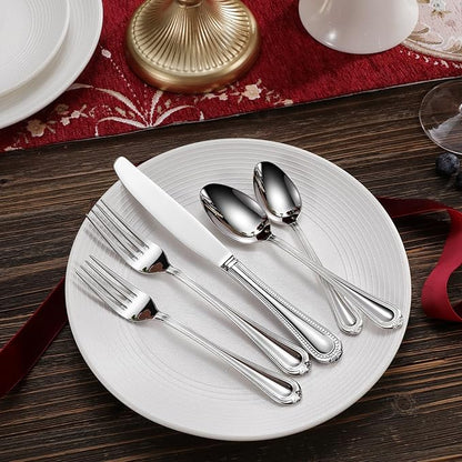 KEAWELL Pearl Edge Premium 65-Piece Refined Bead Silverware Set, 18/10 Stainless Steel, Service for 12, Fine Flatware Set with Serving Utensils, Dishwasher Safe (65, Silver)