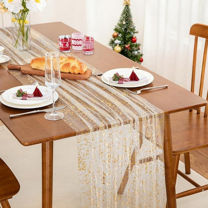 SiinvdaBZX White Gold Sheer Tulle Table Runner 120 Inch/10 Ft Long | Gauze - Image 2