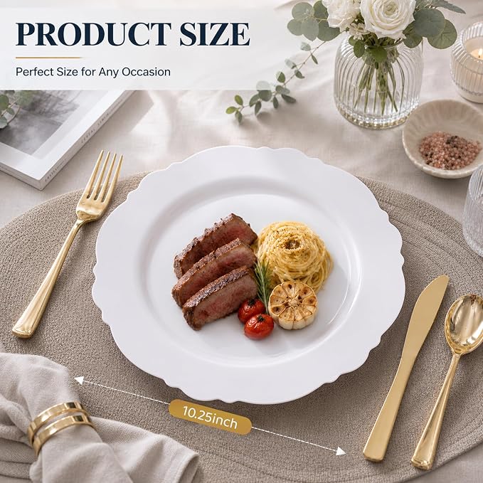 60pcs White Plastic Plates -10.25inch Baroque White Disposable Dinner Plates - Image 2