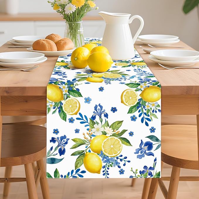 Lemon and Blue Floral Table Runner, 48 x 13 inches | Linen Texture Fabric - Image 2