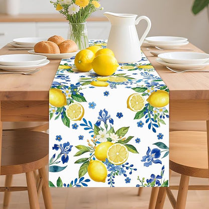 Lemon and Blue Floral Table Runner, 48 x 13 inches | Linen Texture Fabric - Image 2