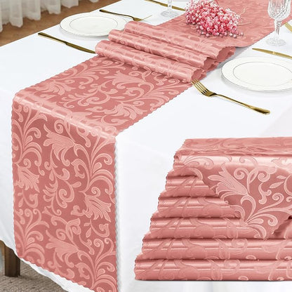 Rose Gold Damask Satin Table Runner 12 x 108 Inch, 6 Pack | Bright Smooth Damask by Eychei