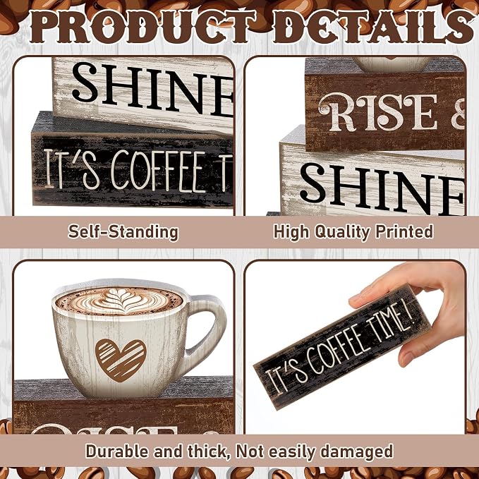 Moucuny 4 Pcs Farmhouse Coffee Bar Sign Decor Wooden Cup Rise & Shine It's - Image 6