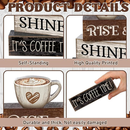 Moucuny 4 Pcs Farmhouse Coffee Bar Sign Decor Wooden Cup Rise & Shine It's - Image 6