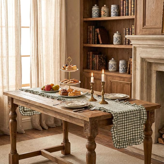 HunnmingRe 1 Pc Gingham Table Runner Green, 118 X 13.8 Inch | Cotton Dresser - Image 8