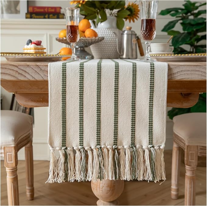 Caflife Boho Table Runner 72 Inchs Long Green and Beige, Cotton and Linen Woven by Caflife