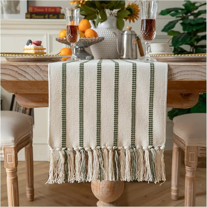 Caflife Boho Table Runner 72 Inchs Long Green and Beige, Cotton and Linen Woven by Caflife
