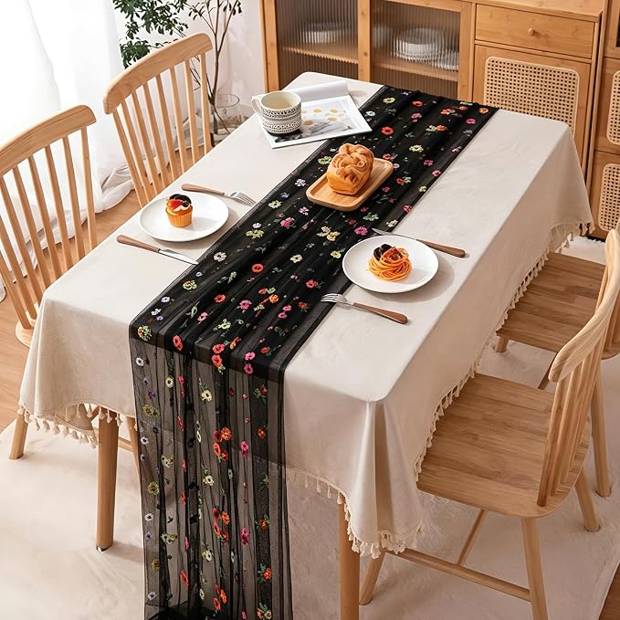 BINBE 1pcs Black Daisy Spring Table Runner Embroidery Gauze 10FT Florals - Image 3