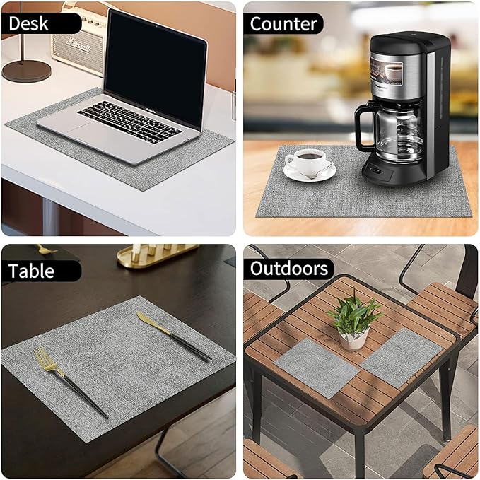 homing Faux Leather Heat Resistant Placemats 12 Packs, Waterproof Wipeable Dining PU Place Mats for Indoor & Outdoor, Easy to Clean, Light Grey