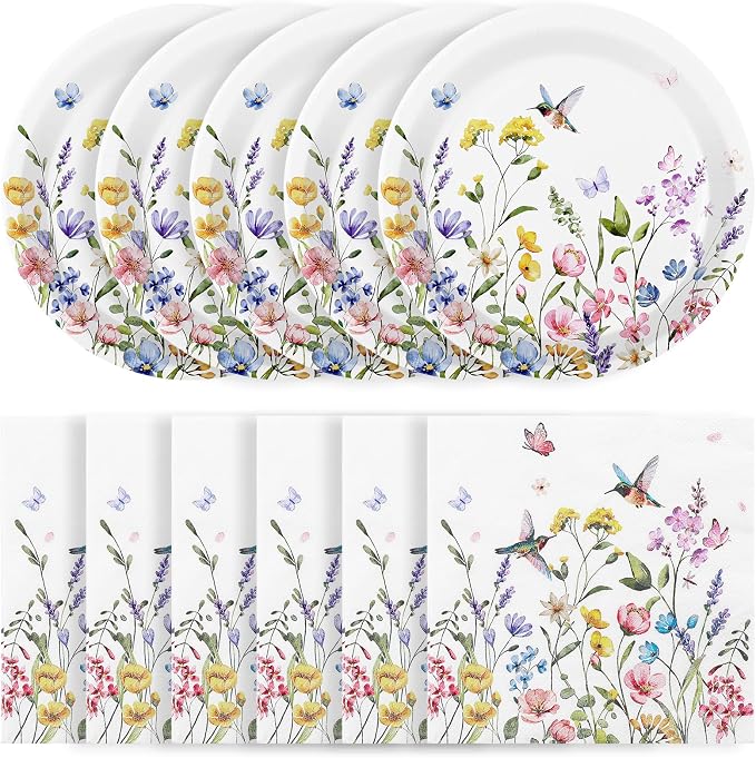 50 Pcs Wildflower Paper Plates and Napkins, Floral Party Decorations | 7 Inch by NatNarr