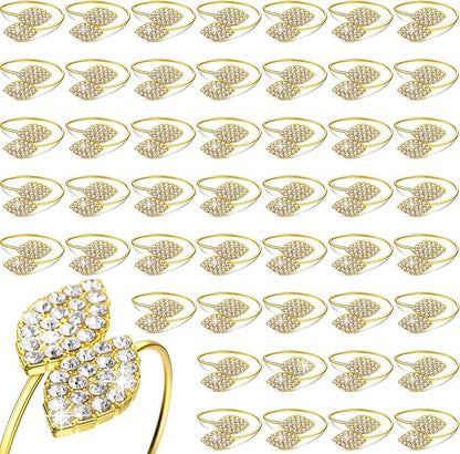 Hotop 500 Pcs Valentine's Day Napkin Rings Gold Table Decorations, Elegant Bling Leaves Napkin Rings, Rhinestone Guest Towels Buckle for Holiday Gather Party, Wedding Dinner Banquet Table Decoration
