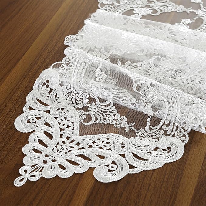 Lace Table Runner Dresser Scarf, Macrame Floral Embroidered Vintage Exquisite by Jeloris