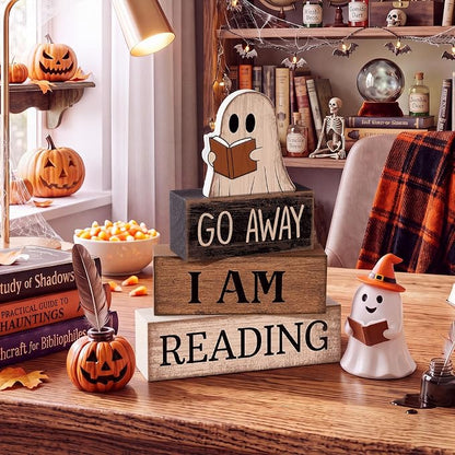 Moucuny 4 Pcs Halloween Table Decoration Wooden Ghost Reading Stacked Block - Image 2