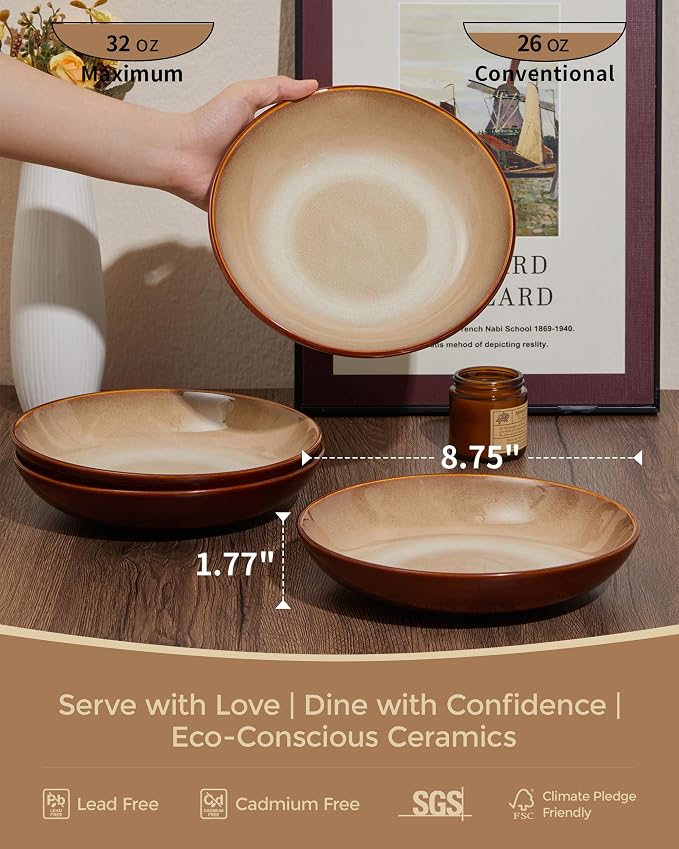 Ceramic 32 Oz Pasta Bowls, 8.75 Inch Reactive Glaze Pasta Bowl Set of 4 - Image 2